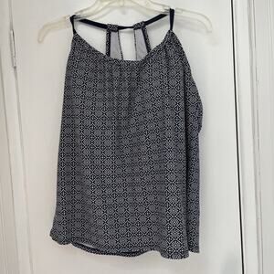 Kona Sol Tankini Swim Top Navy Blue White XL baby doll flowy Strappy Racer Back